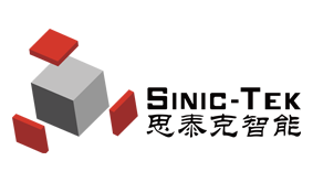 Logo dell'azienda Sinic-tek senza sfondo nero, grigio e rosso.